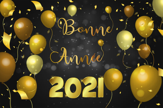 carte ou bandeau sur Bonne année 2021 en or sur un fond noir avec des ronds effet bokeh et tout autour des ballon et des confettis couleur or