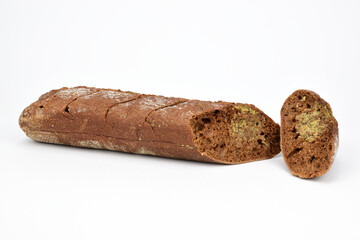 Baguette of black bread with garlic isolated on white background