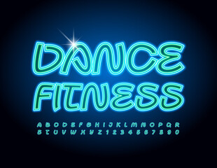 Vector glowing emblem Dance Fitness. Neon creative Font. Bright Alphabet Letters and Numbers set