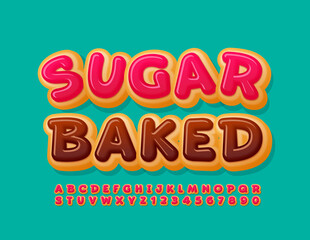 Vector sweet banner Sugar Baked. Delicious cake Font. Pink glazed Alphabet Letters and Numbers set