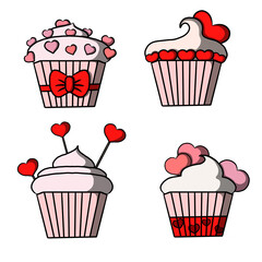 Set of cupcakes for Valentine's day. Isolation on white background. Design element for poster label sign emblem menu. Vector illustration