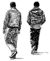 Freehand drawing of casual city pedestrians walking along street