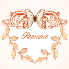 Romantic heart shaped victorian frame with pastel leaves and butterfly