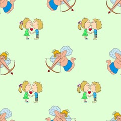 Vector illustration. Seamless pattern cupid and couple in love on a light background. Design element for poster, banner, clothes.
