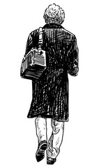 Sketch of man in black coat with bag walking down street