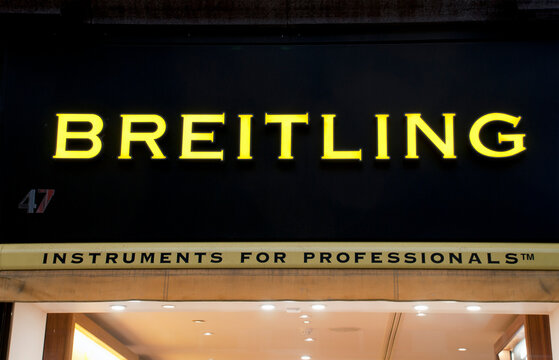 leeds, west yorkshire, United Kingdom: 18 september 2020:  Breitling logo and slogan on berrys store in the centre of leeds