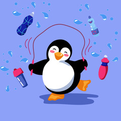 Cute cartoon penguin is having training indoors. Jumping rope is fast but the bird is faster.  Vector illustration with editable elements organized into groups and layers.