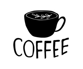 Coffee vector logo, typography, sign in black and white. Advertising poster or template design. Modern lettering logotype, coffee signboard. Design elements. Vector illustration.