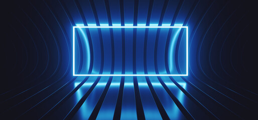 Neon Glowing Sci Fi Futursitic Background Laser Electric Fluorescent Blue Frame Rectangle Glowing Glossy Metal Stripes Spaceship Hangar Room Stage 3D Rendering