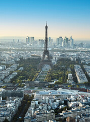 Aerial view of Paris at sunset with the Eiffel tower in background