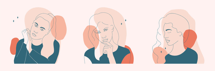 Set illustrations linear woman portrait.Creative freehand composition in contemporary abstract style with colorful geometric elements.