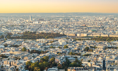 Aerial view of the center of Paris at sunset