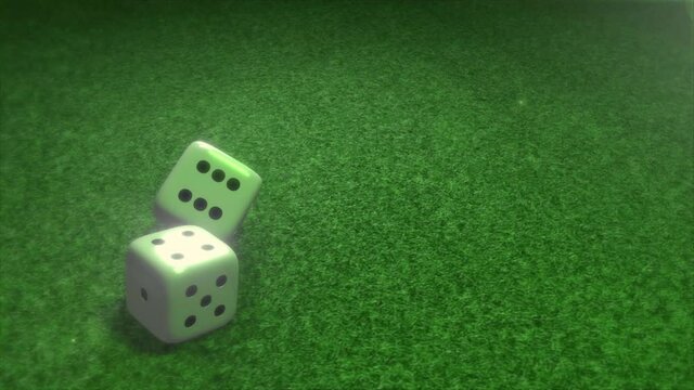 Two Standard White Dice Falling On A Green Table Felt. Entertainment, Casino Online, Table Game, Gambling Concept. Left Alignment, Empty Space For Text Or Logo. Flare, Glows and Cinematic Color
