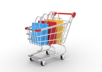 Shopping cart with shopping bags isolated on a white background. Shopping Trolley. Grocery push cart. Minimalist concept, isolated cart. 3d render illustration © Andrii