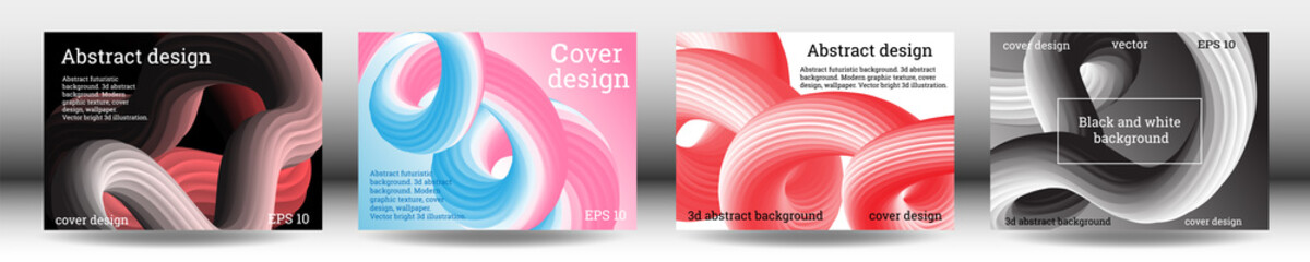 Fototapeta premium Set of futuristic abstract bright volumetric backgrounds. Body waves, cords. Creative modern background. Cover design, wallpaper, background. Vector EPS.