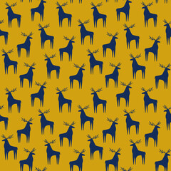 Seamless pattern with dark blue deer on yellow background. Christmas and New Year pattern, perfect for wrapping paper, textiles, cards, invitations, posters
