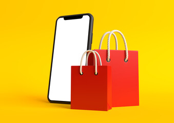 Red Shopping bags with empty smartphone screen on a yellow background. Online shopping and advertising concept. 3d render illustration