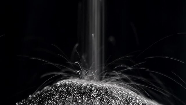 Dark sand is poured into the lower part of the hourglass with a thin trickle