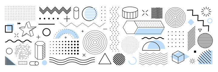 Geometric shapes, elements vector set. Geometry element abstract design for web banner, poster. Minimal geometric isolated shapes on white background. stock vintage illustration