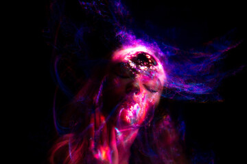 Lucid Dreaming series. Backdrop of human face and colorful fractal clouds on the subject of dreams,...