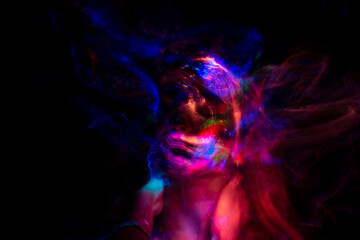 Lucid Dreaming series. Backdrop of human face and colorful fractal clouds on the subject of dreams,...