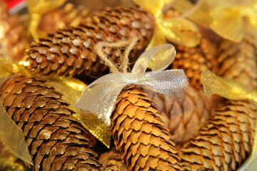 Beautifulyellow pine cones christmas decoration art, Happy new year background close up