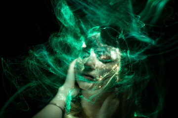 Lucid Dreaming series. Backdrop of human face and colorful fractal clouds on the subject of dreams, mind, spirituality, imagination and inner world