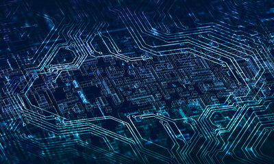 Abstract digital illustration of internet data on circuit microchip background.