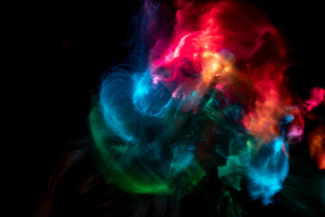 Portrait of a beautiful woman in colored beams of a projector. Streaks of light and shadow on the skin.