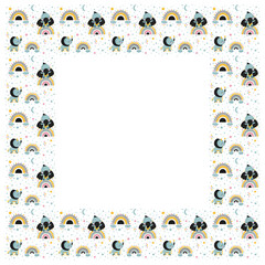 Cute childish square frame of cute cartoon toddlers dinosaurs pterosaur and triceratops, abstract stylized rainbows, clouds, raindrops, stars, crescents. Print on baby shower invitation, card. Vector.