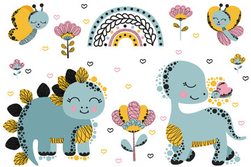 Cute childish girly summer set of 2 smiling baby dinosaurs brontosaurus and stegosaurus, butterflies, rainbow and abstract flowers on white background. Cartoon clipart. Scandinavian style. Vector © Яна Борисова
