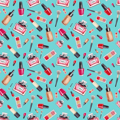 Make Up seamless pattern. Fashion. Glamor accessories. Watercolor pattern with  lipstick, perfume and nail polish on a blue background