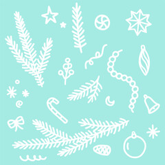  Christmas tree, snow, ball, star, snowflake, cone, bell illustration