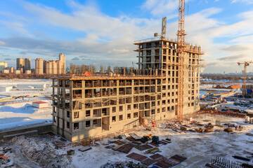 Construction of building Construction of apartment house. Concrete slab foundation building....