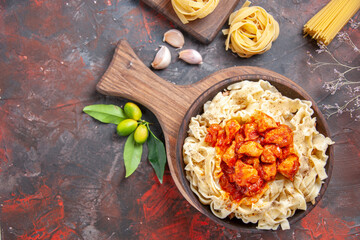 top view chicken with dough pasta dish on a dark background pasta dough dish dark