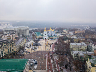 Aerial drone view of the central streets of Kiev. St. Michael's Golden-Domed Monastery on the horizon