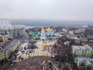 Obraz premium Aerial drone view of the central streets of Kiev. St. Michael's Golden-Domed Monastery on the horizon