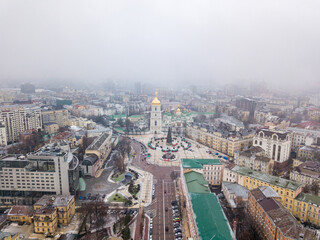 Aerial drone view of the central streets of Kiev. St. Sophia Church on the horizon