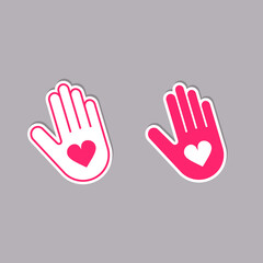 Fototapeta na wymiar Human Palm with Heart Inside icon, Stiker Logo Design Vector isolated Illustration. Charity and Donation concept