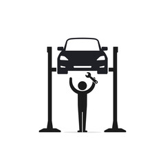 Mechanic repairing a car lifted on auto hoist. Front view. Flat style vector illustration isolated on white background. Car service concept