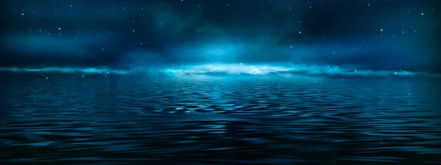  Nacht fantasie landschap, sterrenhemel. Weerspiegeling van maanlicht op ijs, mist. Donker landschap. Nacht uitzicht op de horizon. 3D illustratie. © MiaStendal