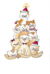 christmas watercolor cats in the shape of a christmas tree