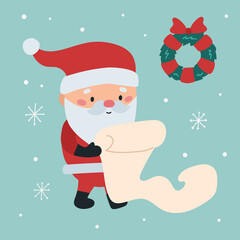 Cartoon kawaii Santa Claus with list. Christmas wreath. Happy New Year vector illustration.