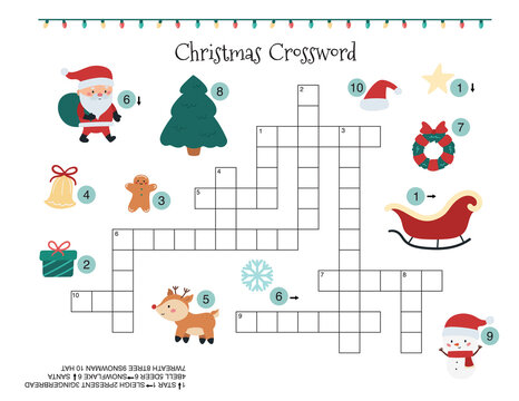 Christmas crossword for children. Learn english words. Happy New year activity worksheet. Cute cartoon characters.