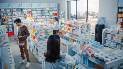 Pharmacy Drugstore: Diverse Group of Latin Customers Searching to Buy Prescription Medicine, Drugs,...