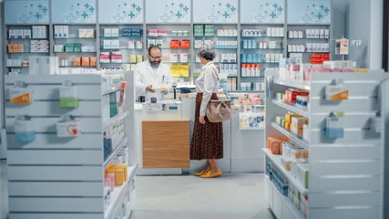 Peel and stick wall murals Pharmacy Pharmacy Drugstore Checkout Cashier Counter: Senior Woman Buying Prescription Medicine, Drugs, Vitamins and Talks to Beautiful Pharmacist Cashier, Asking Recomendations. Store with Health Care Goods