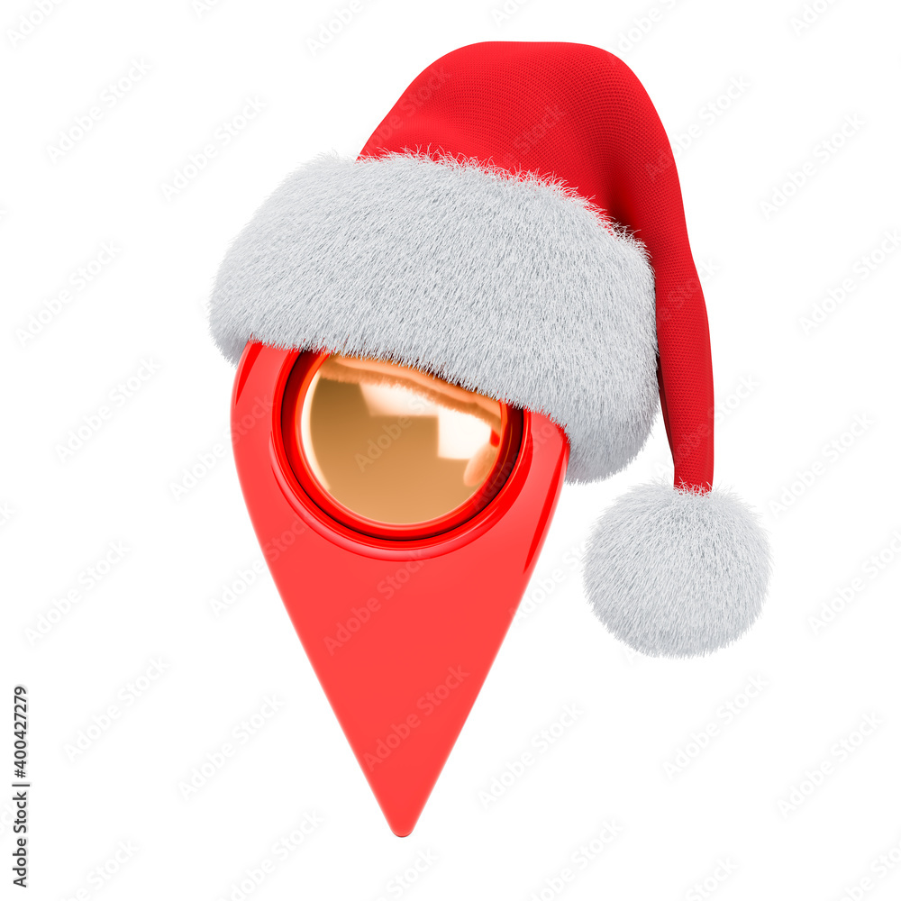 Poster map pointer with santa claus christmas hat. 3d rendering