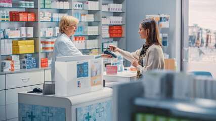 Pharmacy Drugstore Checkout Cashier Counter: Mature Female Pharmacist and Young Woman Using Contactless Payment NFC Smartphone to Buy Prescription Medicine, Vitamins, Beauty, Health Care Products - obrazy, fototapety, plakaty