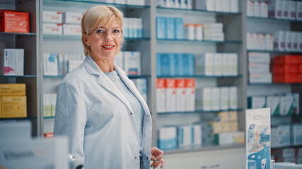 Pharmacy Drugstore Checkout Cashier Counter: Portrait of Beautiful Mature Caucasian Female Pharmacist Looks at the Camera, Smiles Charmingly. Store with Medicine, Drugs, Vitamins, Health Care Products