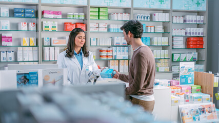 Pharmacy Drugstore Checkout Cashier Counter: Beautiful Latin Female Pharmacist Passes Box of...